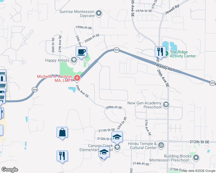 map of restaurants, bars, coffee shops, grocery stores, and more near 20606 32nd Drive Southeast in Bothell