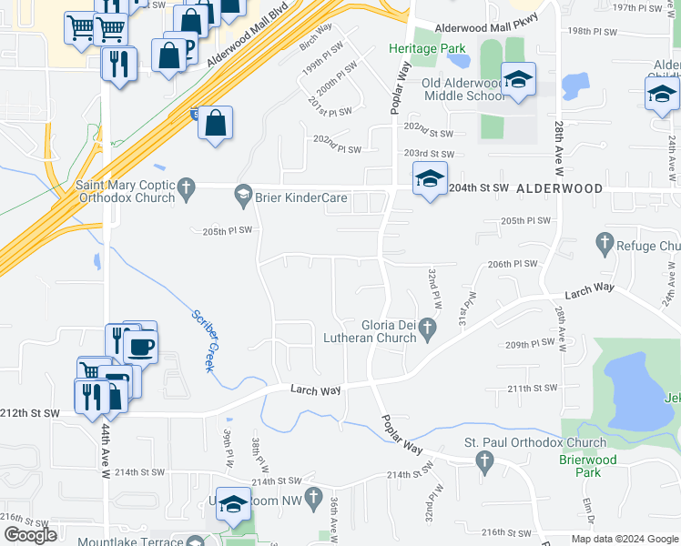 map of restaurants, bars, coffee shops, grocery stores, and more near 20631 36th Avenue West in Lynnwood