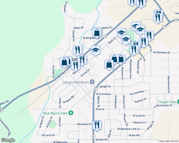 map of restaurants, bars, coffee shops, grocery stores, and more near 15190 McCartney Street in Rathdrum