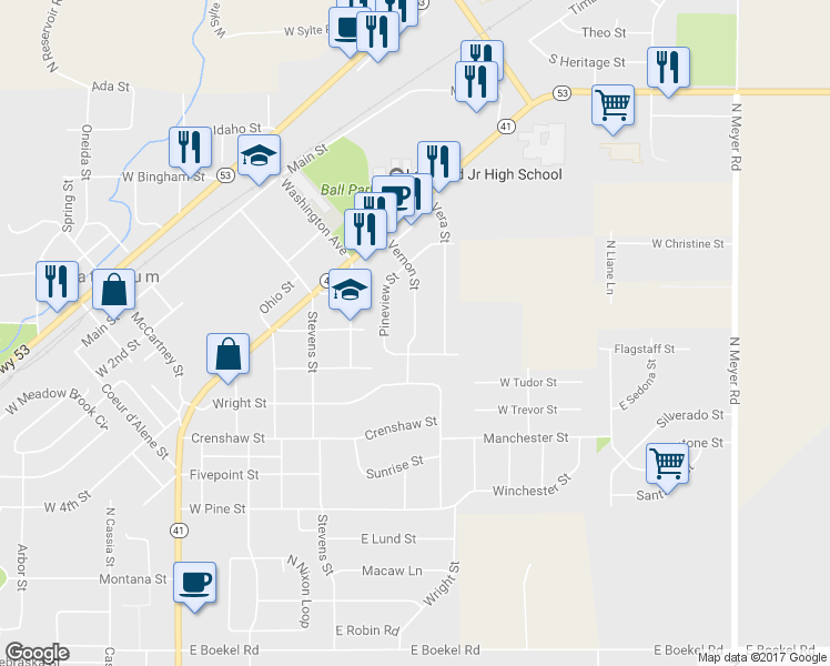 map of restaurants, bars, coffee shops, grocery stores, and more near 1523 Vernon Street in Rathdrum