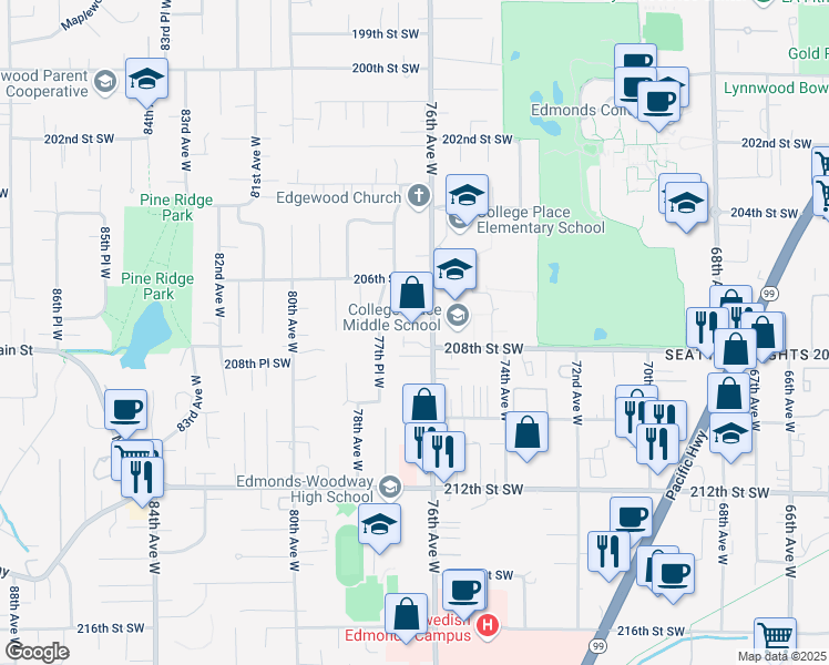 map of restaurants, bars, coffee shops, grocery stores, and more near 20714 76th Avenue West in Edmonds