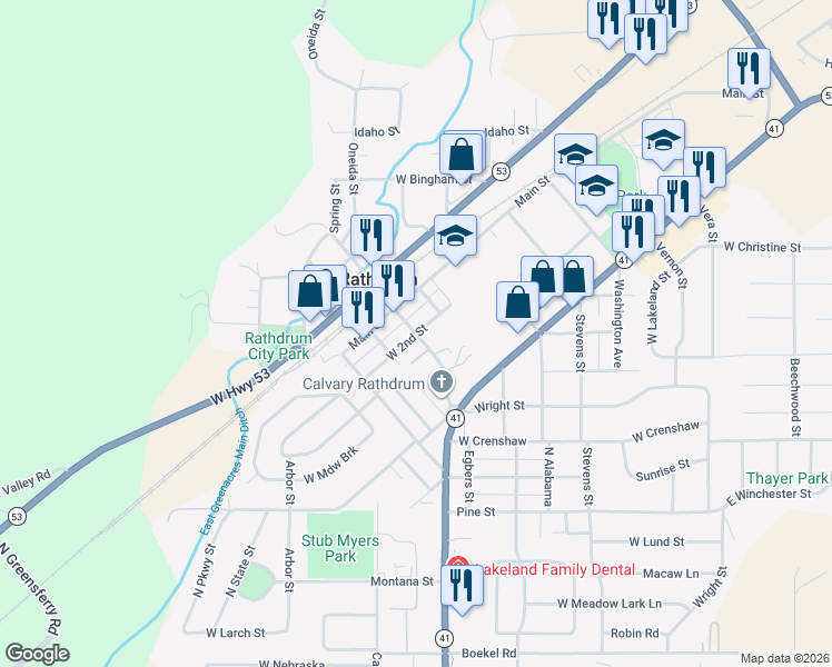 map of restaurants, bars, coffee shops, grocery stores, and more near 15190 McCartney Street in Rathdrum