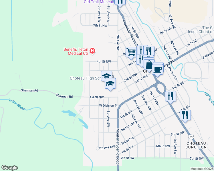 map of restaurants, bars, coffee shops, grocery stores, and more near 204 7th Avenue Northwest in Choteau