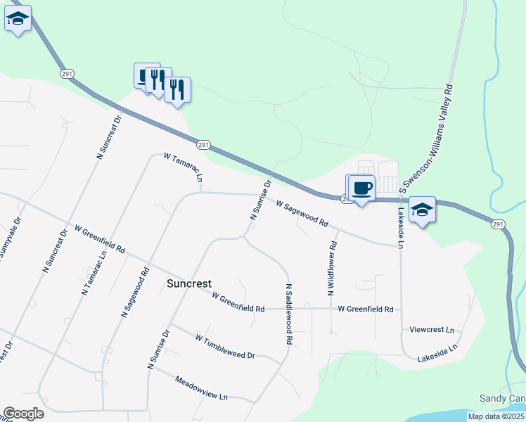 map of restaurants, bars, coffee shops, grocery stores, and more near 17020 North Sunrise Drive in Nine Mile Falls