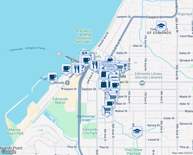 map of restaurants, bars, coffee shops, grocery stores, and more near 120 3rd Avenue North in Edmonds