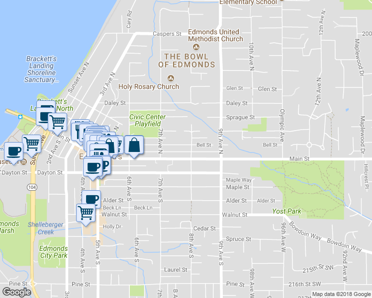 map of restaurants, bars, coffee shops, grocery stores, and more near 754 Bell Street in Edmonds