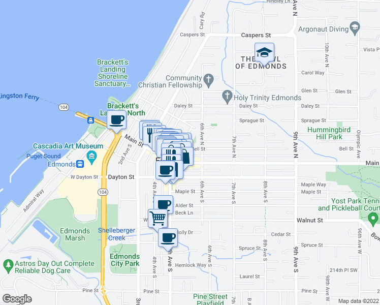 map of restaurants, bars, coffee shops, grocery stores, and more near 518 Bell Street in Edmonds