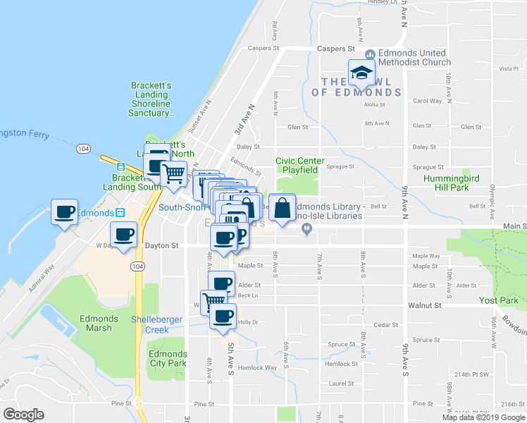 map of restaurants, bars, coffee shops, grocery stores, and more near 518 Bell Street in Edmonds