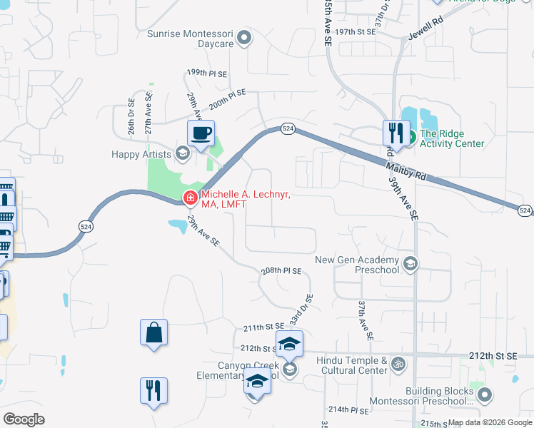 map of restaurants, bars, coffee shops, grocery stores, and more near 20606 32nd Drive Southeast in Bothell