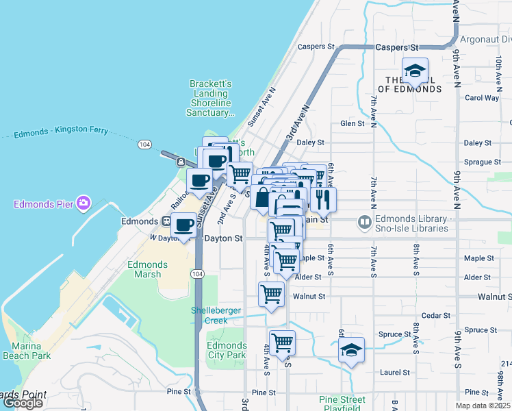 map of restaurants, bars, coffee shops, grocery stores, and more near 316 Main Street in Edmonds