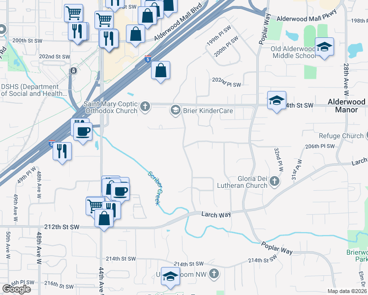 map of restaurants, bars, coffee shops, grocery stores, and more near 6302 206th Place Southwest in Lynnwood