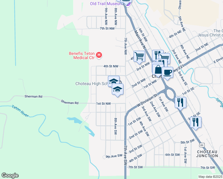 map of restaurants, bars, coffee shops, grocery stores, and more near 204 7th Avenue Northwest in Choteau