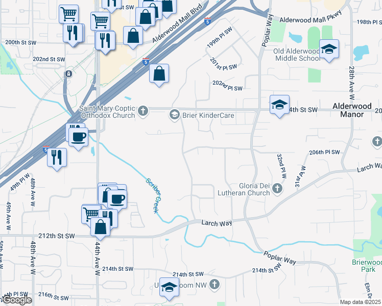 map of restaurants, bars, coffee shops, grocery stores, and more near 3802 206th Place Southwest in Lynnwood