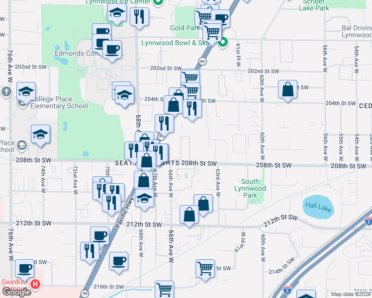 map of restaurants, bars, coffee shops, grocery stores, and more near 6501 208th Street Southwest in Lynnwood