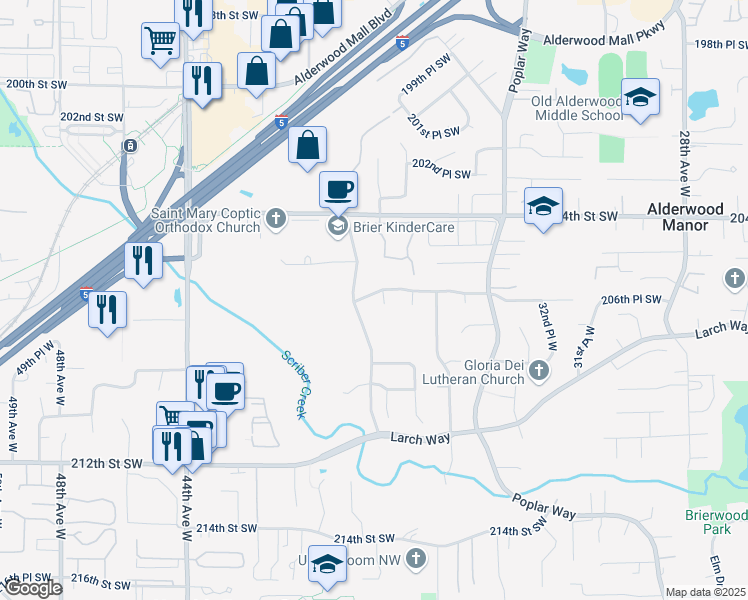 map of restaurants, bars, coffee shops, grocery stores, and more near 3802 206th Place Southwest in Lynnwood