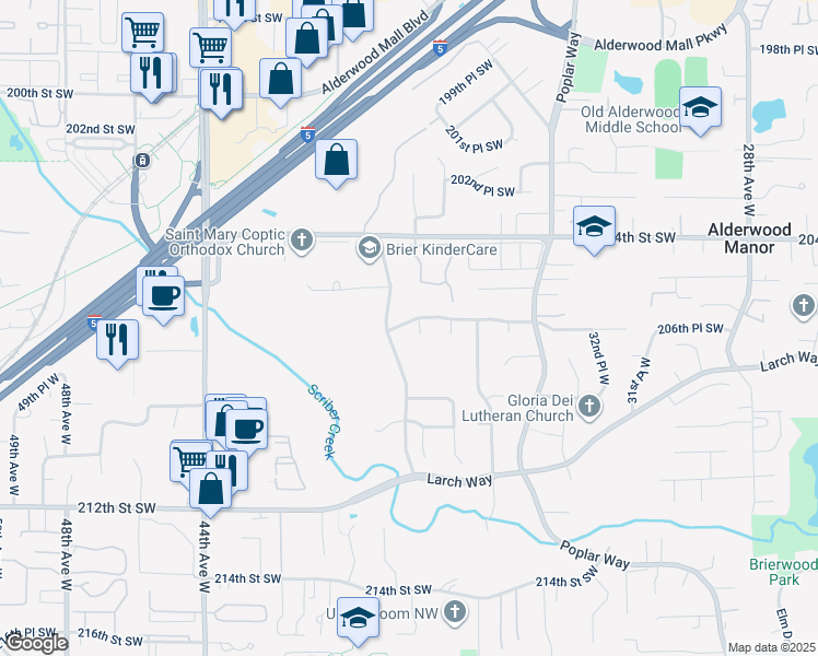 map of restaurants, bars, coffee shops, grocery stores, and more near 3802 206th Place Southwest in Lynnwood