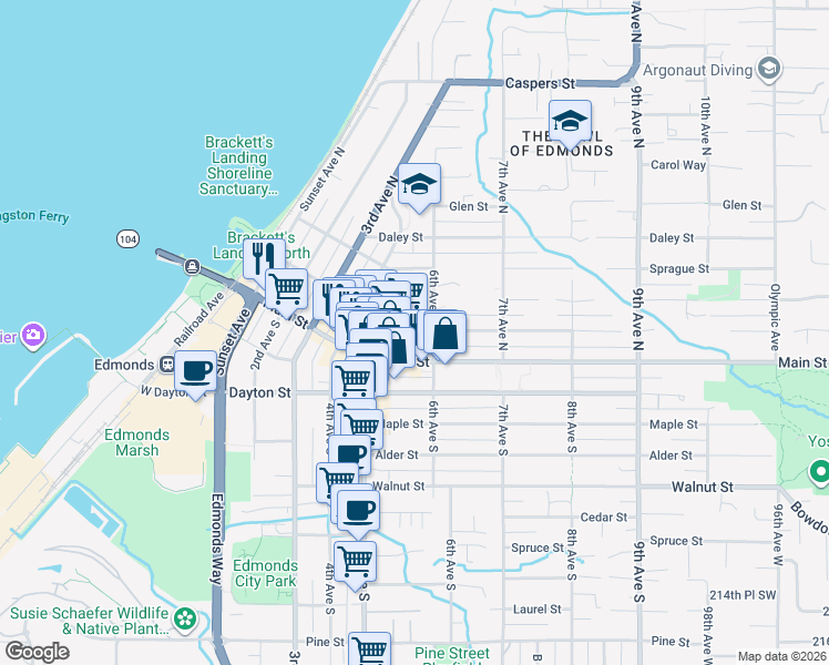 map of restaurants, bars, coffee shops, grocery stores, and more near 518 Bell Street in Edmonds