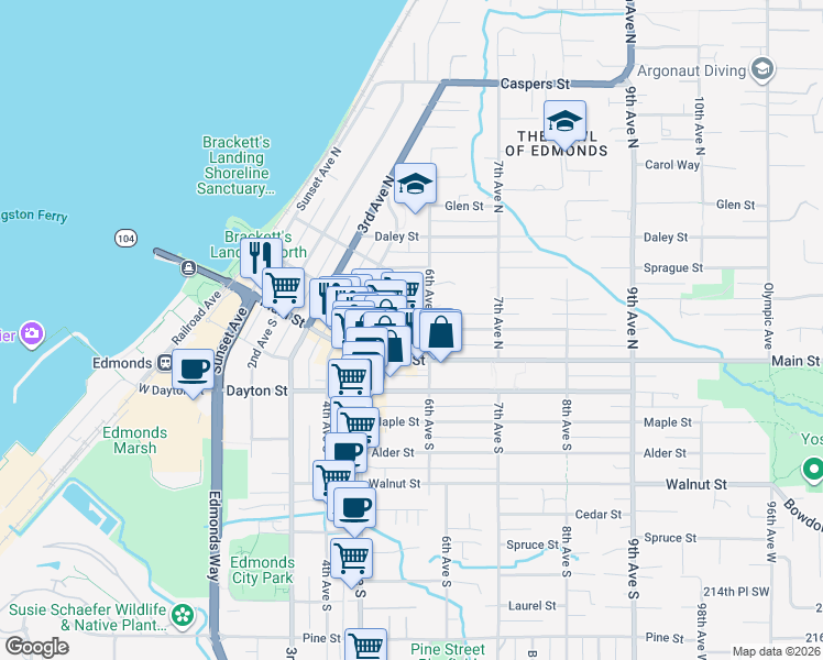 map of restaurants, bars, coffee shops, grocery stores, and more near 518 Bell Street in Edmonds