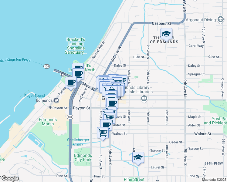 map of restaurants, bars, coffee shops, grocery stores, and more near 121 5th Avenue North in Edmonds