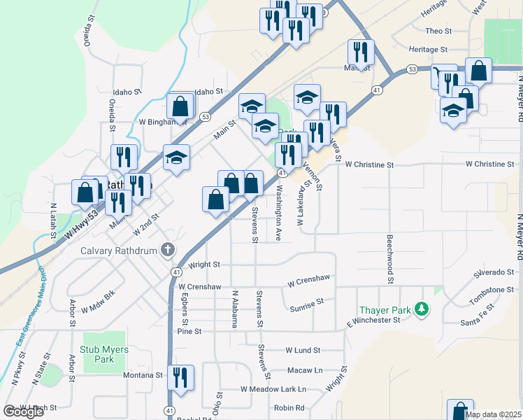 map of restaurants, bars, coffee shops, grocery stores, and more near 7622 Lewis Street in Rathdrum