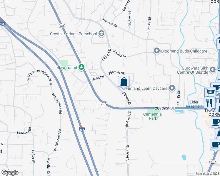 map of restaurants, bars, coffee shops, grocery stores, and more near 20512 Filbert Drive in Bothell
