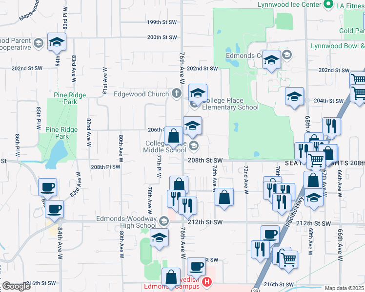 map of restaurants, bars, coffee shops, grocery stores, and more near 7501 208th Street Southwest in Lynnwood