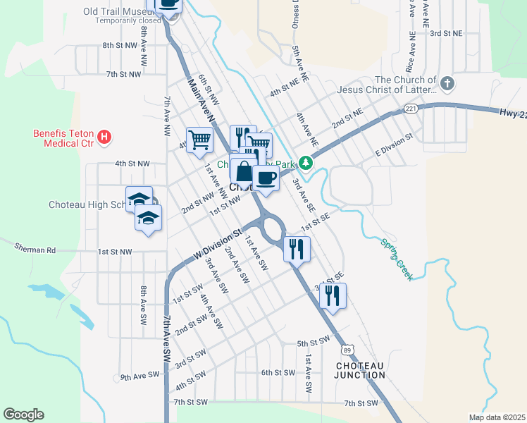 map of restaurants, bars, coffee shops, grocery stores, and more near 1 Main Avenue North in Choteau