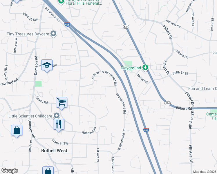 map of restaurants, bars, coffee shops, grocery stores, and more near 20615 Meridian Avenue South in Lynnwood