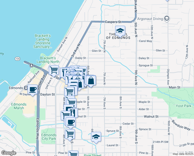 map of restaurants, bars, coffee shops, grocery stores, and more near 631 Bell Street in Edmonds