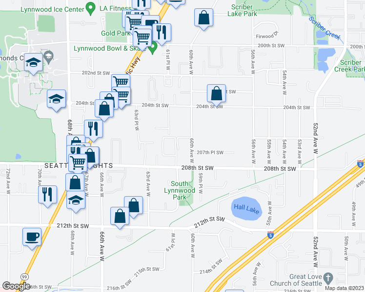 map of restaurants, bars, coffee shops, grocery stores, and more near 20620 60th Avenue West in Lynnwood