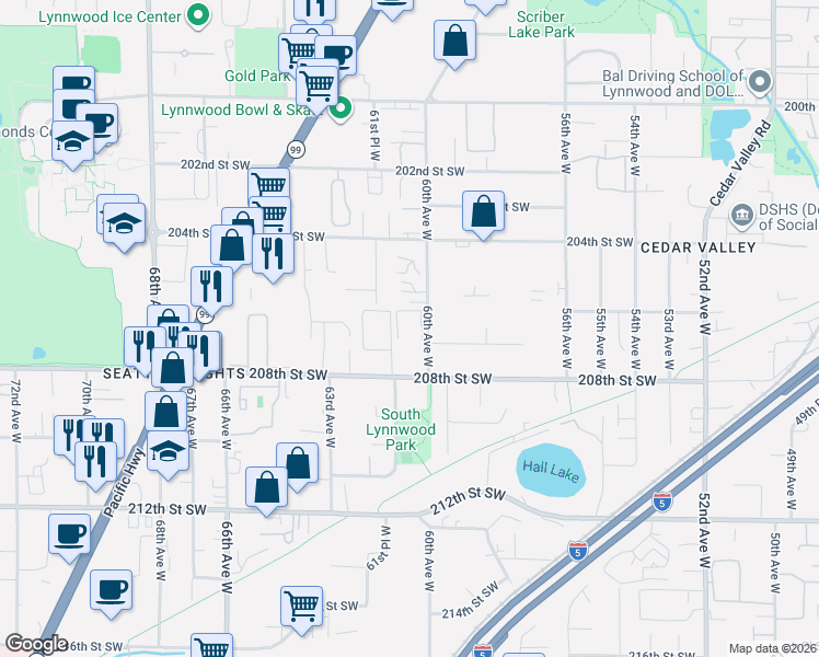 map of restaurants, bars, coffee shops, grocery stores, and more near 20610 60th Avenue West in Lynnwood
