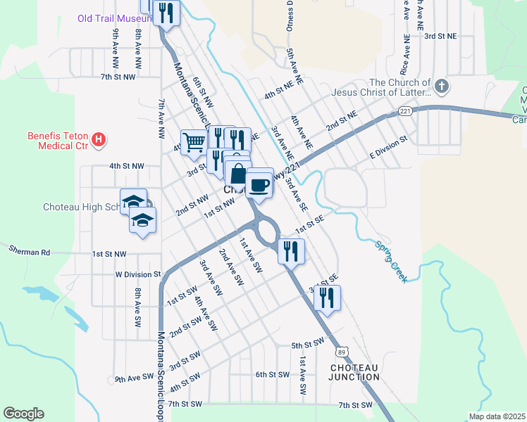 map of restaurants, bars, coffee shops, grocery stores, and more near 1 Main Avenue North in Choteau