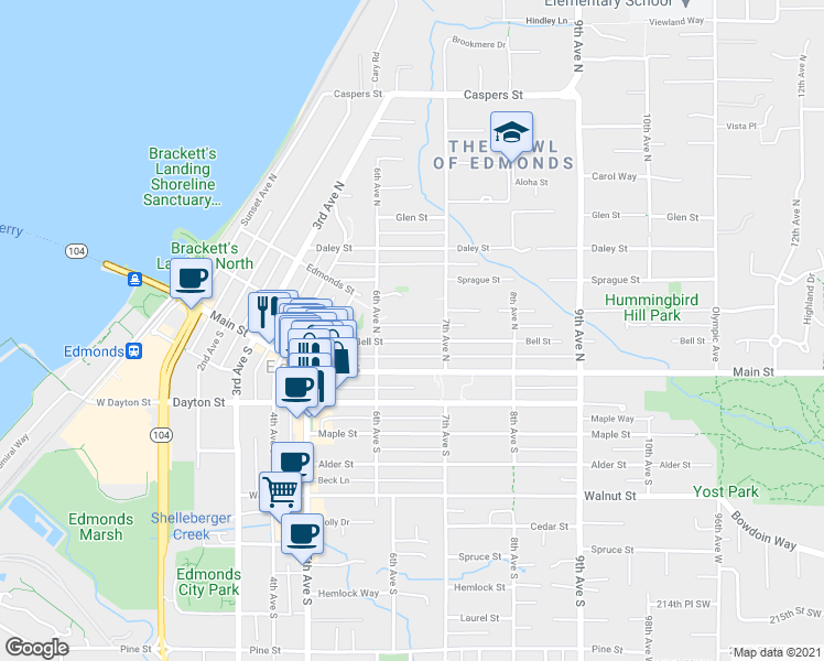 map of restaurants, bars, coffee shops, grocery stores, and more near 648 Bell Street in Edmonds