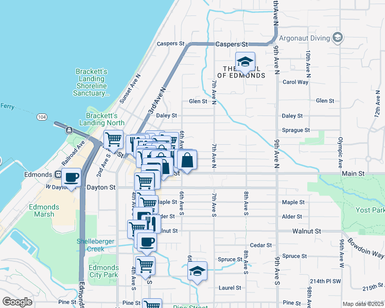 map of restaurants, bars, coffee shops, grocery stores, and more near 600 Main Street in Edmonds