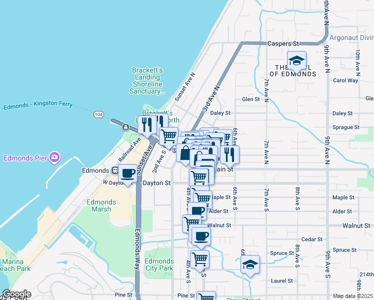 map of restaurants, bars, coffee shops, grocery stores, and more near 316 Main Street in Edmonds
