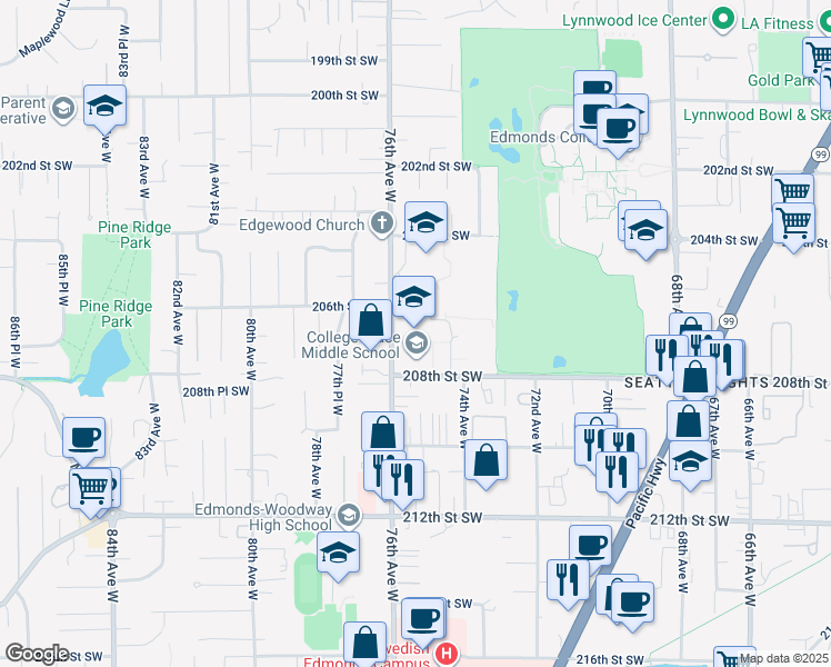 map of restaurants, bars, coffee shops, grocery stores, and more near 7501 208th Street Southwest in Lynnwood