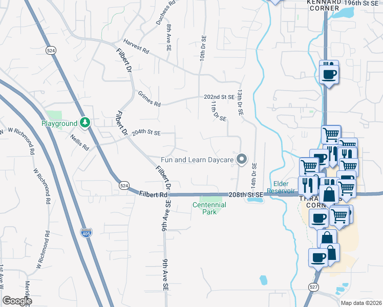 map of restaurants, bars, coffee shops, grocery stores, and more near 1020 205th Place Southeast in Bothell