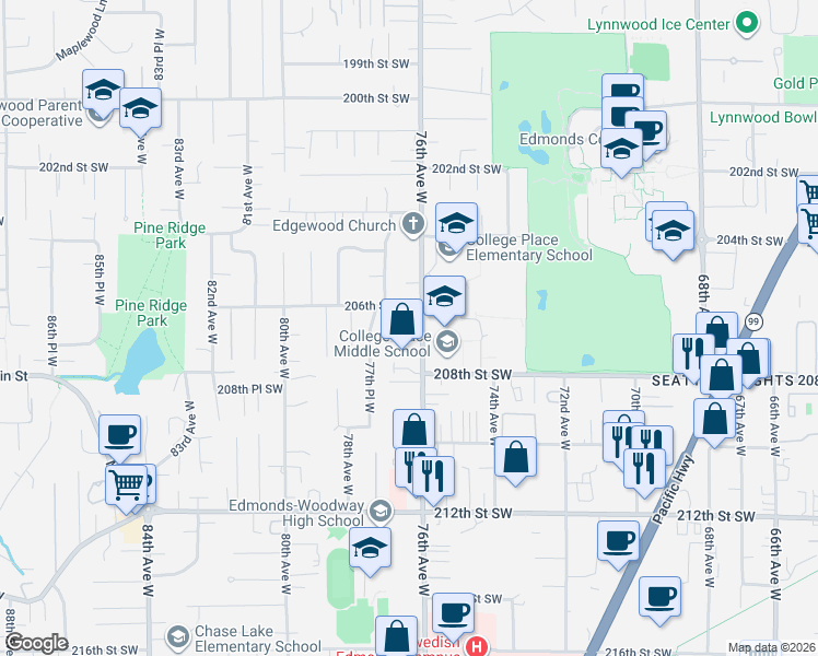 map of restaurants, bars, coffee shops, grocery stores, and more near 20620 76th Avenue West in Edmonds