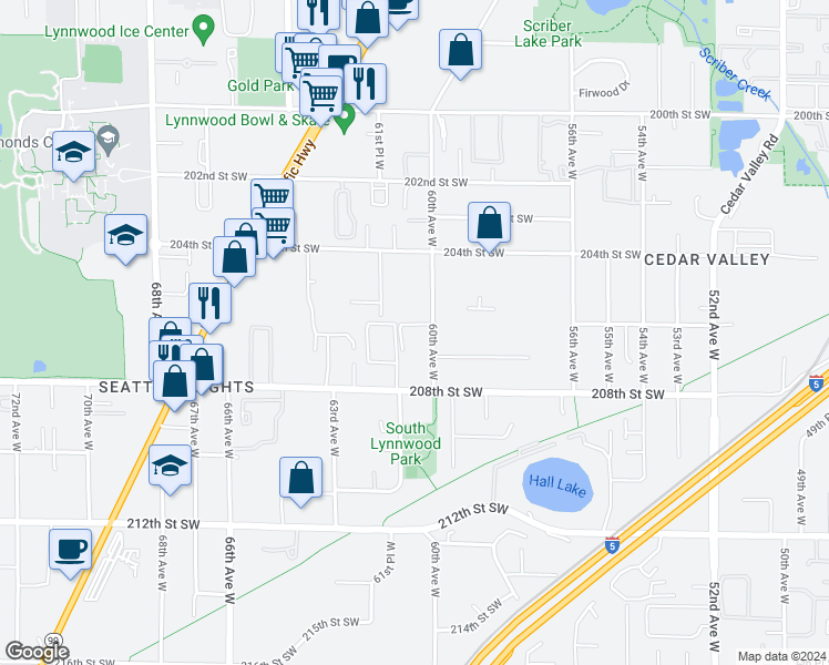 map of restaurants, bars, coffee shops, grocery stores, and more near 20510 60th Avenue West in Lynnwood