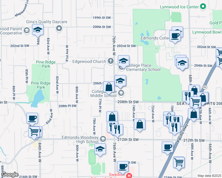 map of restaurants, bars, coffee shops, grocery stores, and more near 7615 206th Street Southwest in Edmonds
