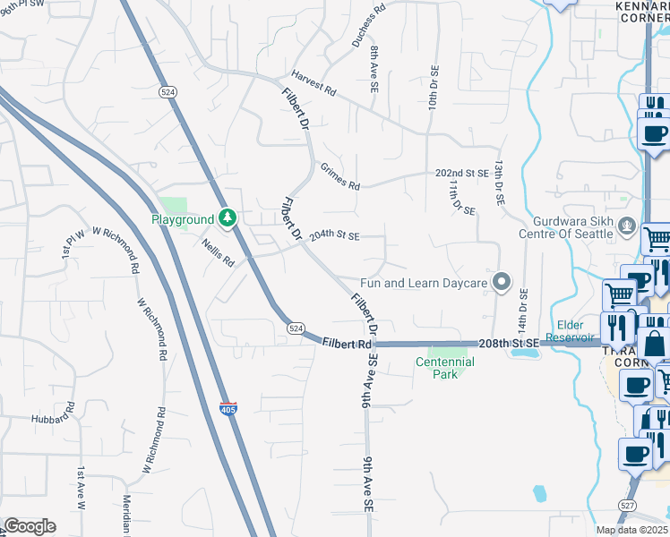 map of restaurants, bars, coffee shops, grocery stores, and more near 20512 Filbert Drive in Bothell
