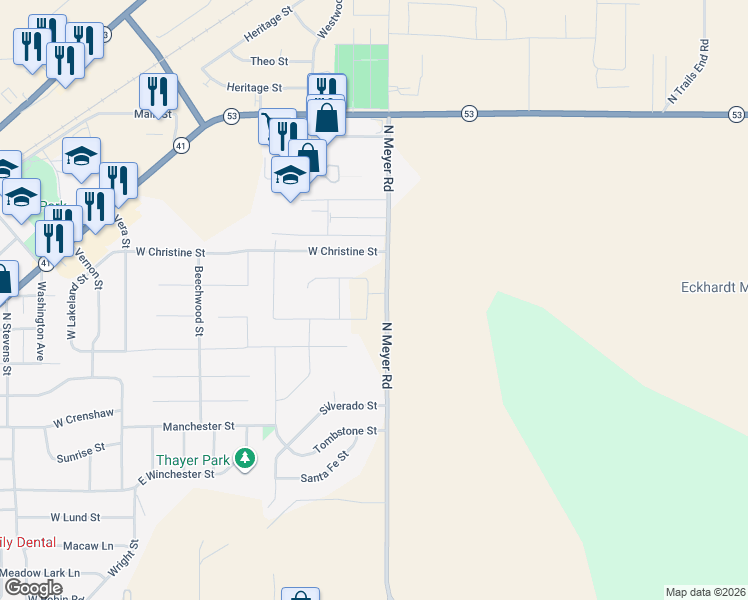 map of restaurants, bars, coffee shops, grocery stores, and more near 14885 North Meyer Road in Rathdrum