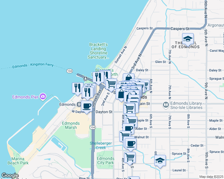 map of restaurants, bars, coffee shops, grocery stores, and more near 125 2nd Avenue South in Edmonds