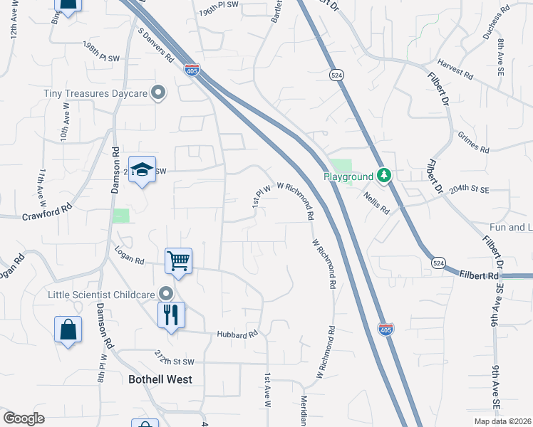 map of restaurants, bars, coffee shops, grocery stores, and more near 110 204th Place Southwest in Lynnwood