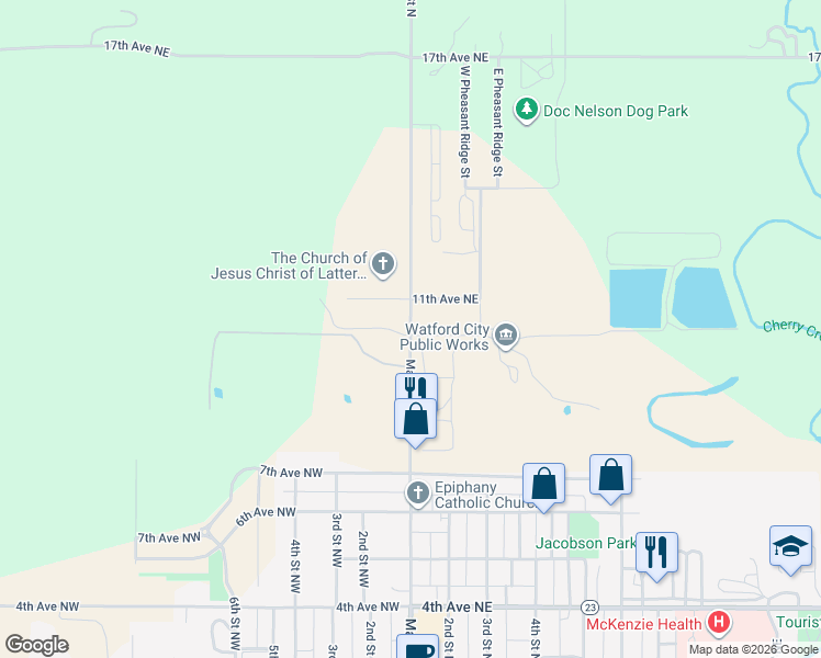 map of restaurants, bars, coffee shops, grocery stores, and more near 922 Main Street North in Watford City