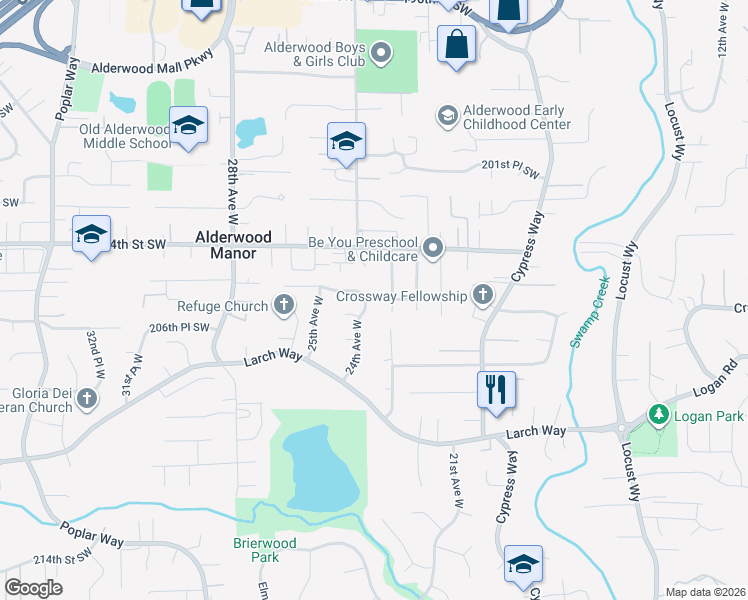 map of restaurants, bars, coffee shops, grocery stores, and more near 20425 24th Avenue West in Lynnwood