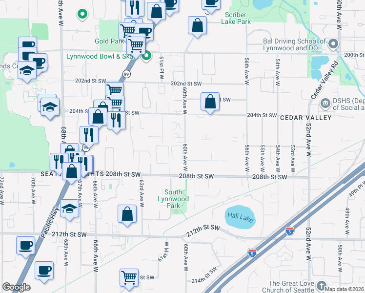 map of restaurants, bars, coffee shops, grocery stores, and more near 20510 60th Avenue West in Lynnwood
