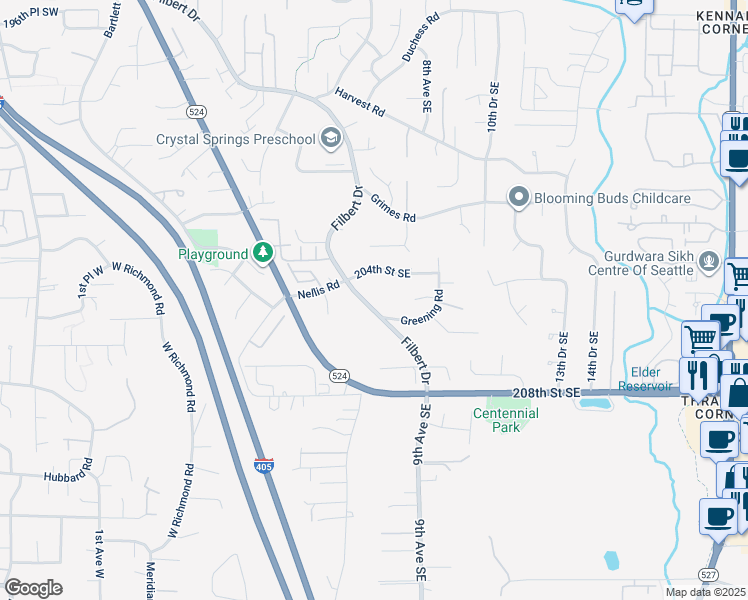 map of restaurants, bars, coffee shops, grocery stores, and more near 20429 Filbert Drive in Bothell