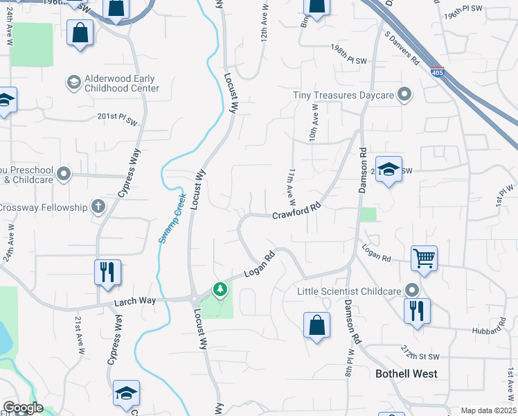 map of restaurants, bars, coffee shops, grocery stores, and more near 20426 12th Place West in Lynnwood