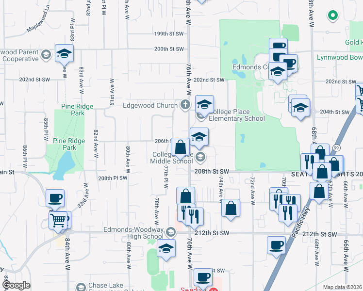 map of restaurants, bars, coffee shops, grocery stores, and more near 7615 206th Street Southwest in Edmonds